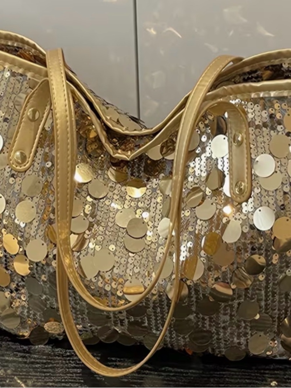 Gold Sequin Tote Bag with Metallic Gold Straps